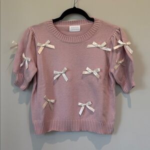 Morning Lavender Pink Bow-Embellished Scoop Neck Sweater